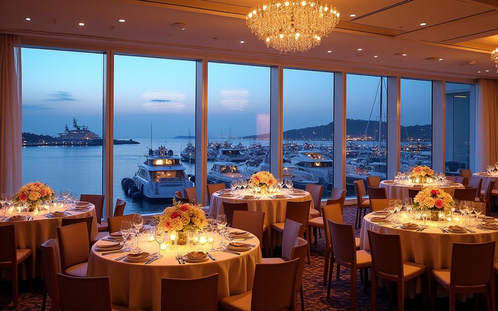 A wedding banquet held in a ballroom with floor-to-ceiling windows overlooking a yacht marina.