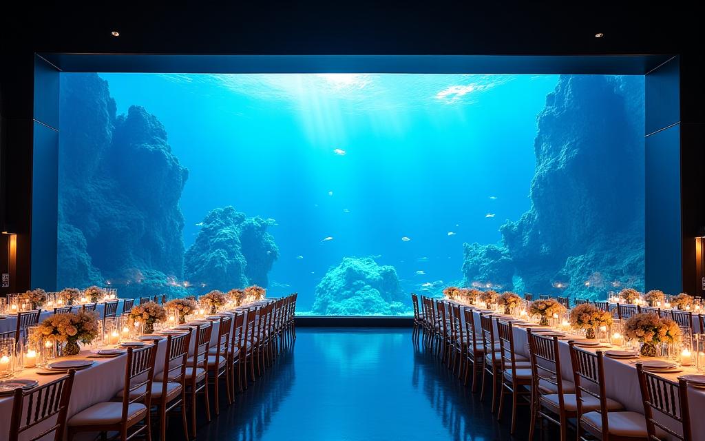 A wedding reception set up in front of the Open Ocean Habitat at S.E.A. Aquarium.